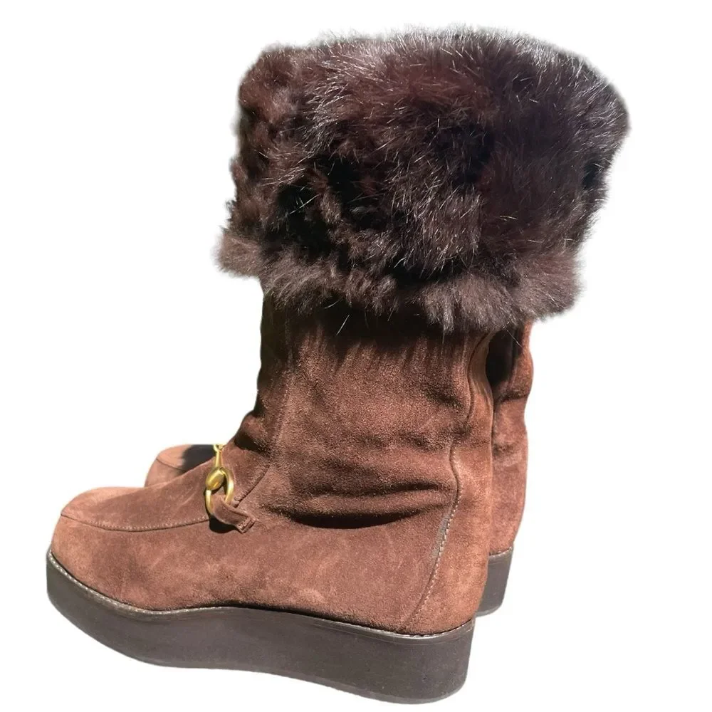 GUCCI Horsebit Gold Accent Boots Brown Suede Fur Cuff And Lined Platform Size 5